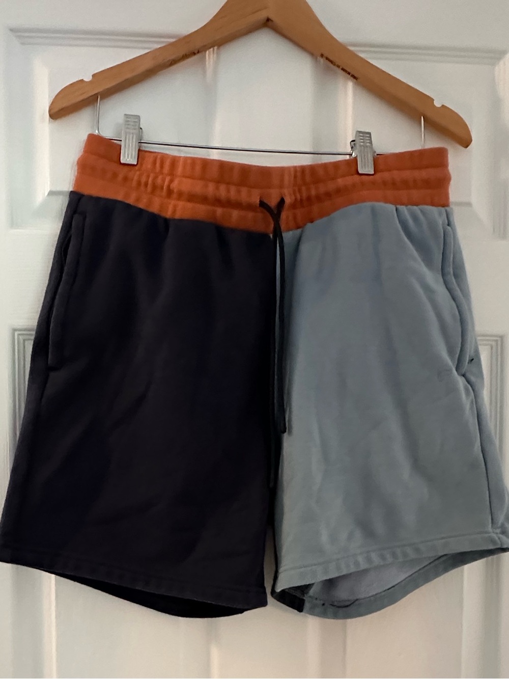 Men's Two-Tone Casual Shorts - Rust Waistband, Black & Light Blue Panels